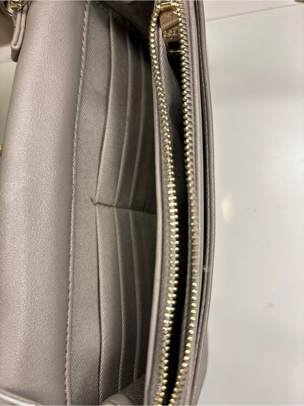 BCBG Paris Taupe Quilted Crossbody Bag Gold Chain Wallet Purse WOC